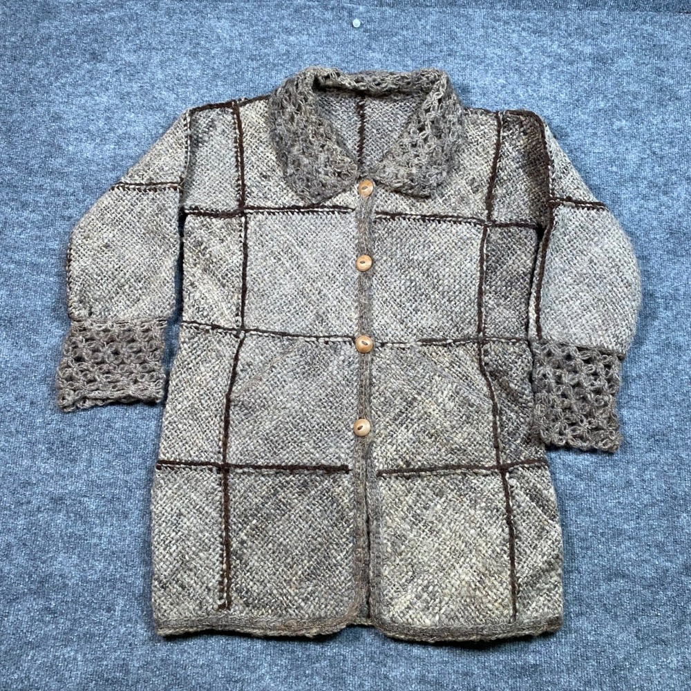 Handmade Wool Knit Patchwork Cardigan Coat Brown Crochet Trim Wood Button